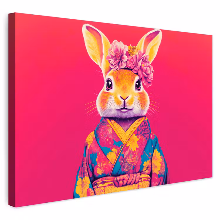 Buiten canvas - Konijn - Bloemen - Kleurrijk - Kimono — 1