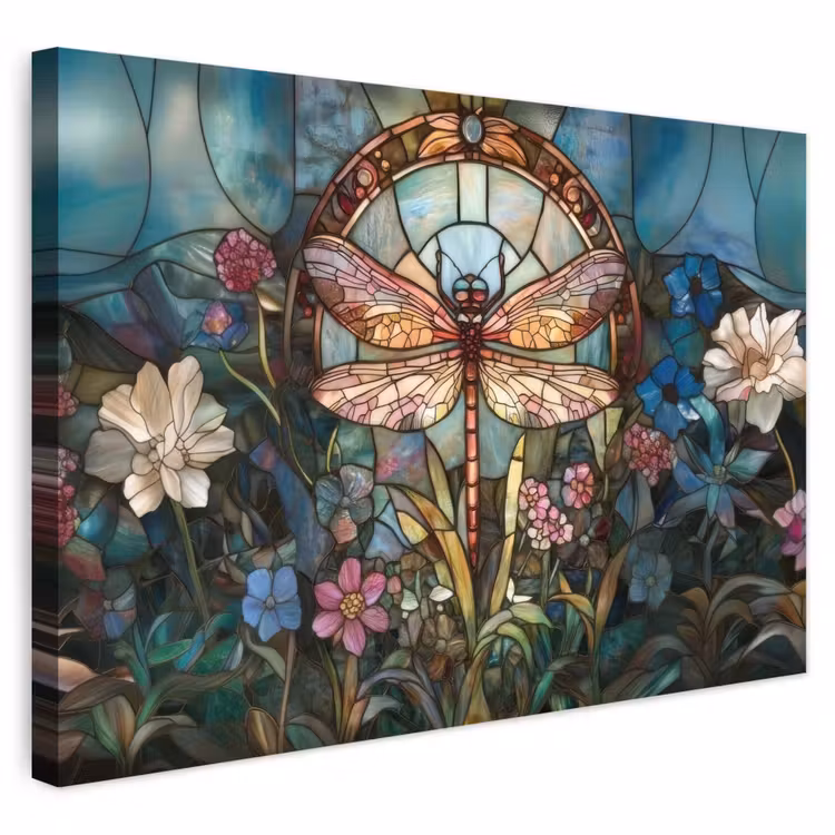 Buiten canvas - Libelle - Mozaïek - Bloemen - Kleurrijk — 1