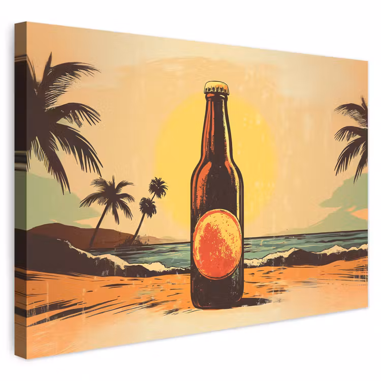 Buiten canvas - Bierfles - Zonsondergang - Palmbomen - Zee — 1