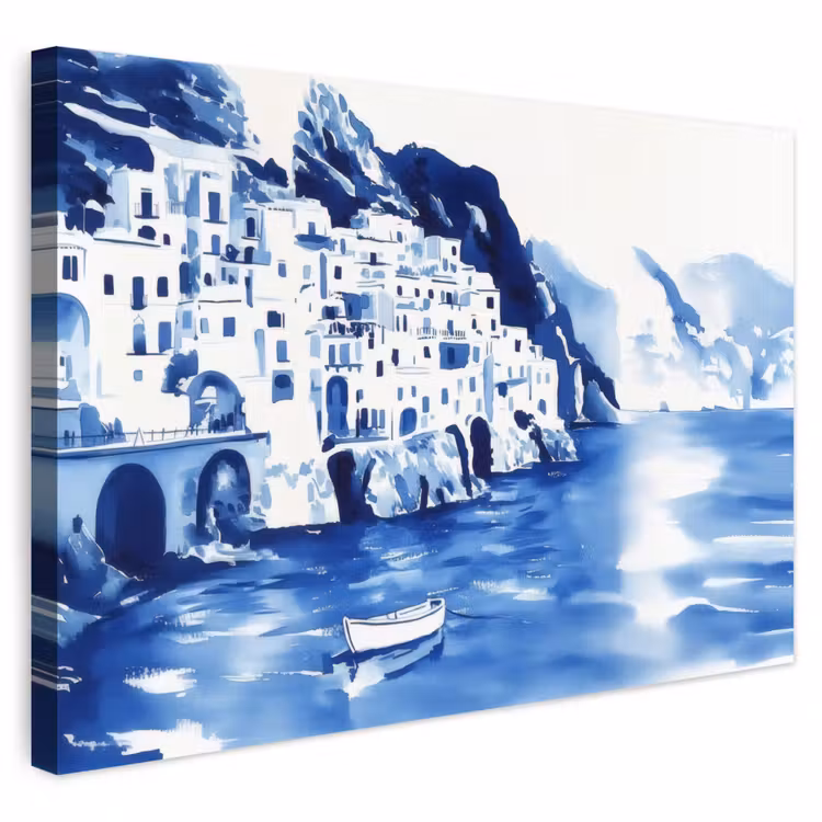 Buiten canvas - Dorp - Rotswand - Roeiboot - Water — 1