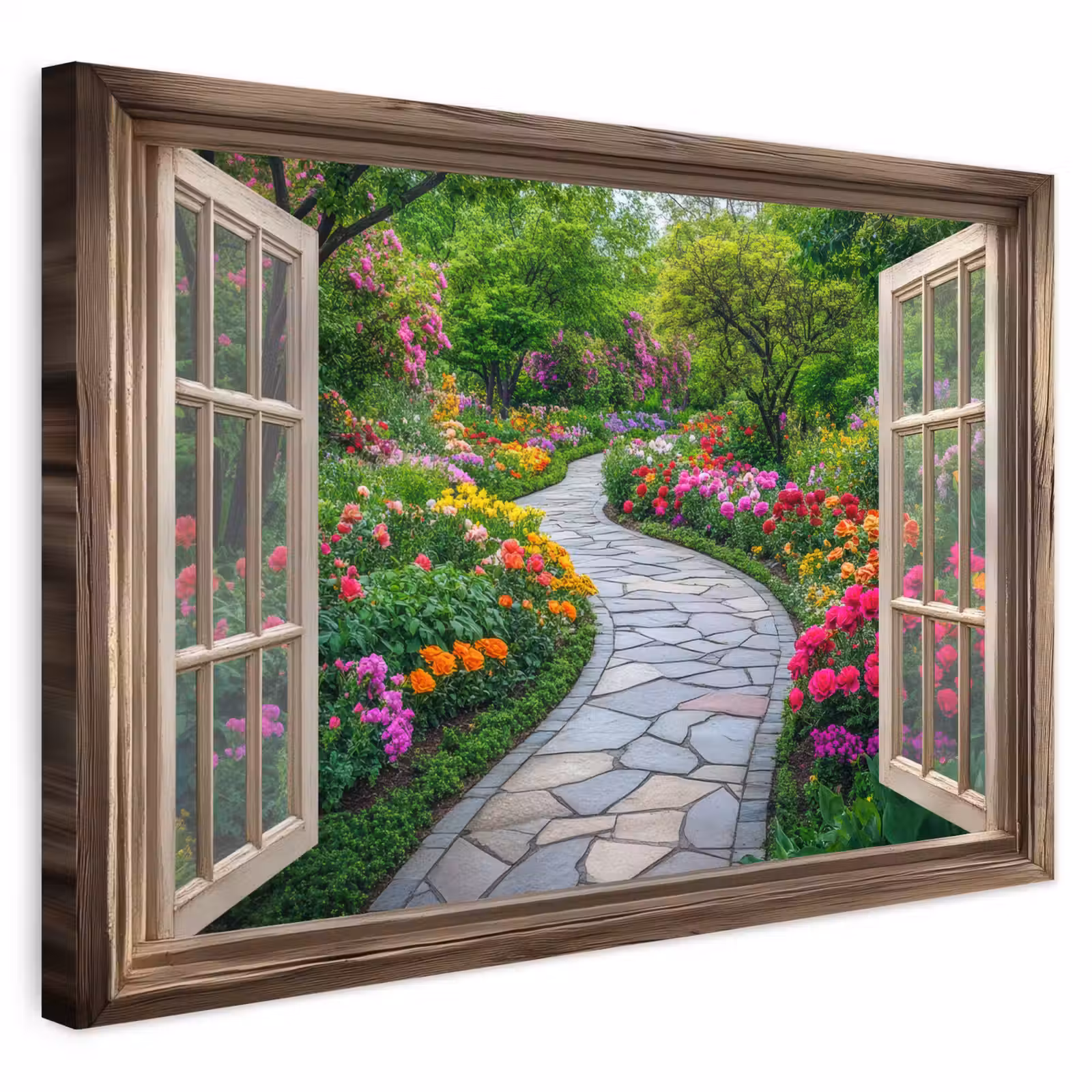 Buiten canvas - Doorkijk - Bloemen - Tuinpad - Natuur - Raam — 1