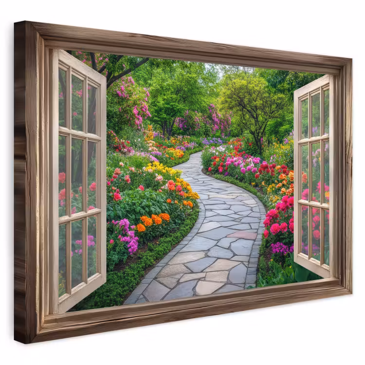 Buiten canvas - Doorkijk - Bloemen - Tuinpad - Natuur - Raam — 1