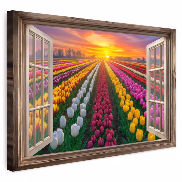 Buiten canvas - Doorkijk - Bloemen - Tulpen - Kleurrijk - Zonsondergang — 1
