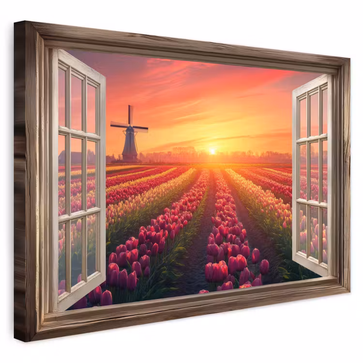 Buiten canvas - Doorkijk - Tulpen - Zonsondergang - Bloemen - Kleurrijk — 1