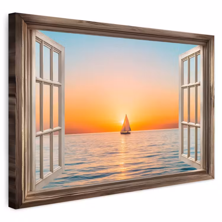 Buiten canvas - Doorkijk - Zee - Boot - Zonsondergang — 1