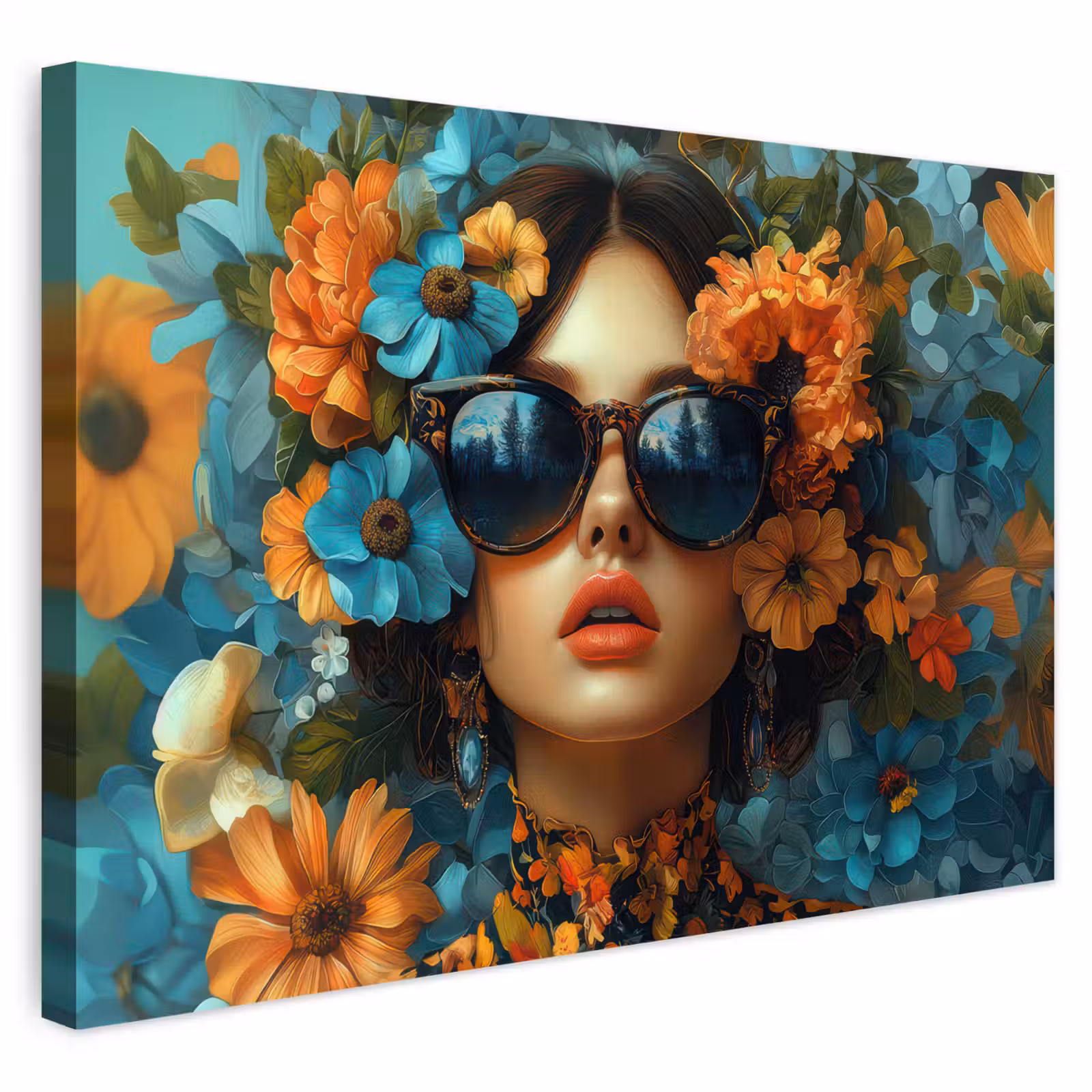 Buiten canvas - Vrouw - Bloemen - Oranje - Blauw - Modern — 1