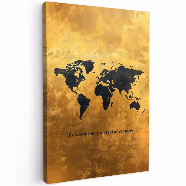 Buiten canvas - Quote - Goud - Wereldkaart - Zwart — 1