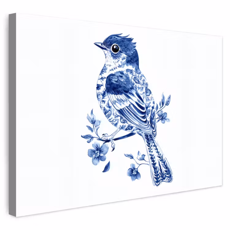 Buiten canvas - Vogel - Delfts blauw - Illustratie - Bloemen — 1
