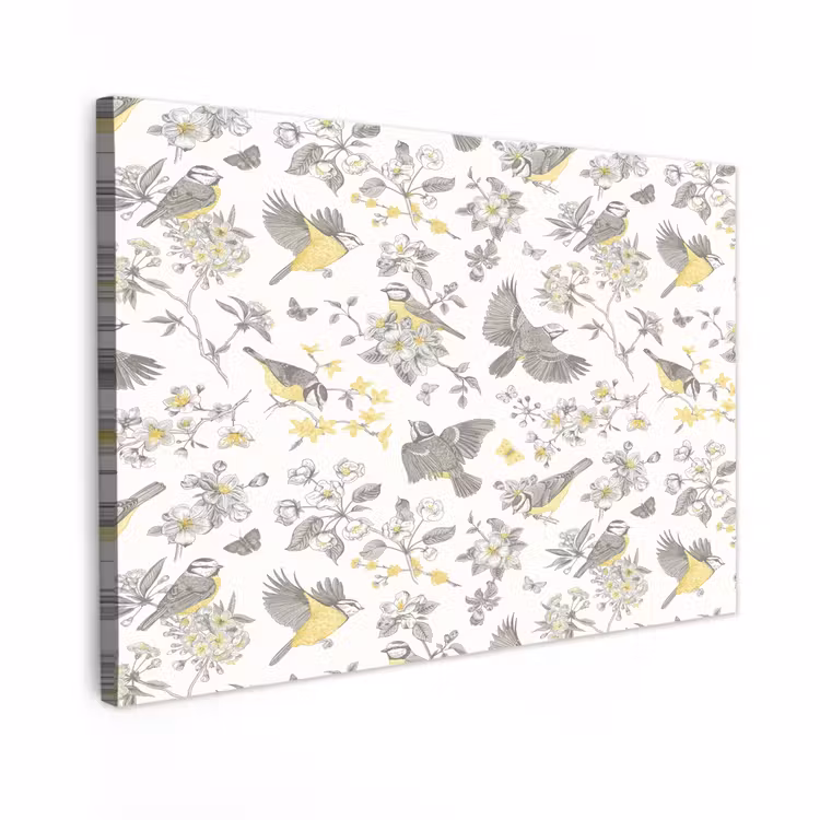Buiten canvas - Birds - Flowers - Gray - Yellow — 1