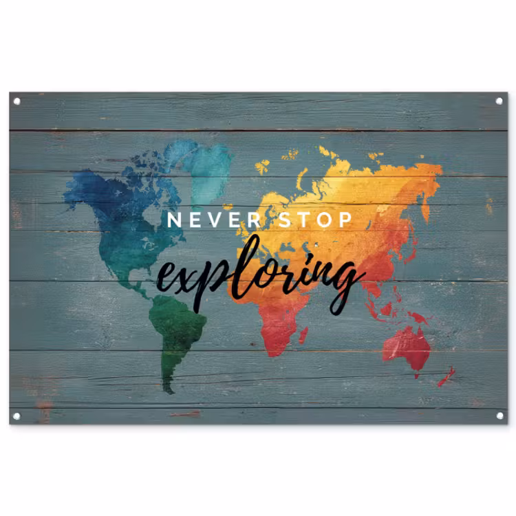 Tuinposter - Hout - Wereldkaart - Regenboog - Exploring — 1