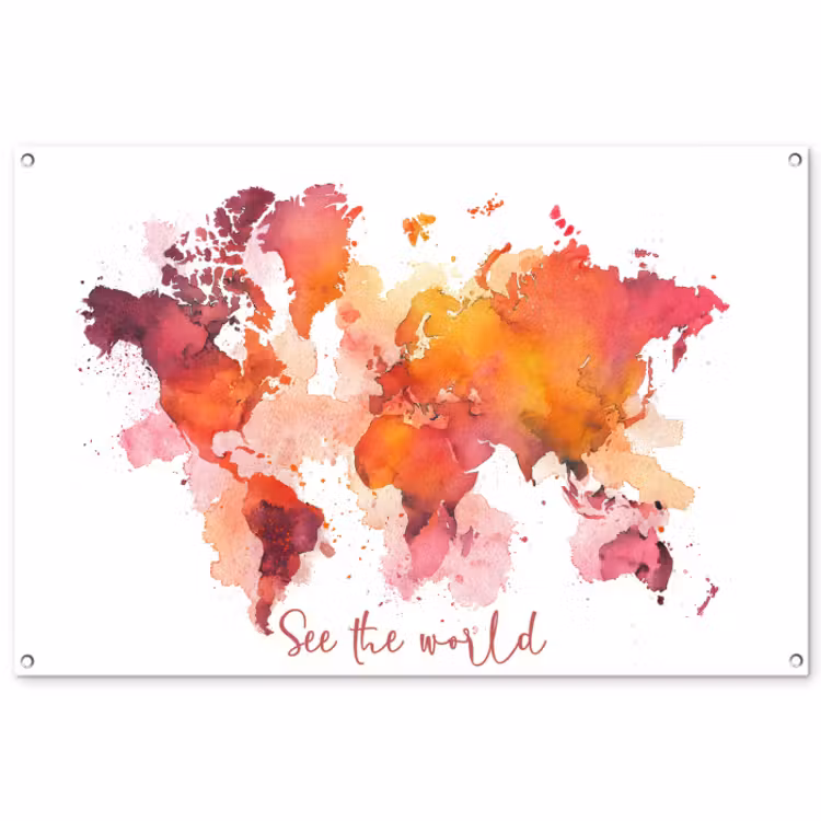 Tuinposter - Oranje - Aquarel - Quote - Wereldkaart — 1