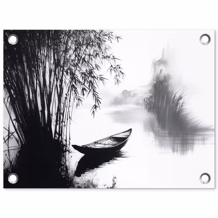 Tuinposter - Boot - Rivier - Bamboe - Wit — 1
