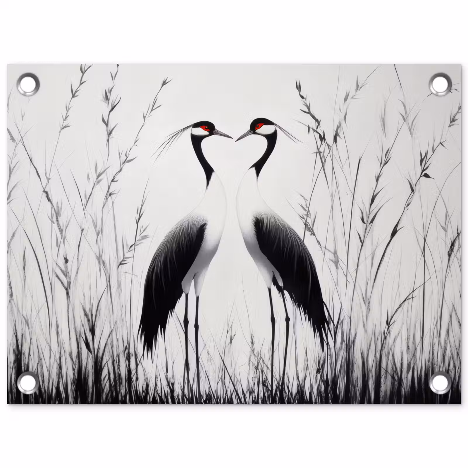 Tuinposter - Kraanvogels - Gras - Hartvorm - Zwart — 1