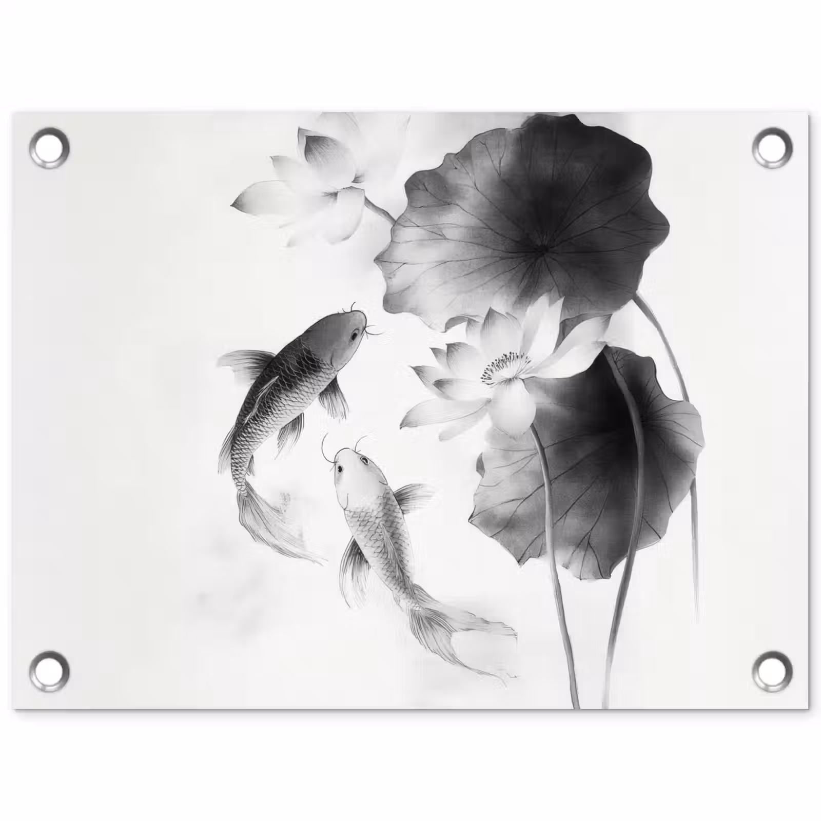 Tuinposter - Lotusbloemen - Vissen - Bladeren - Zwart — 1