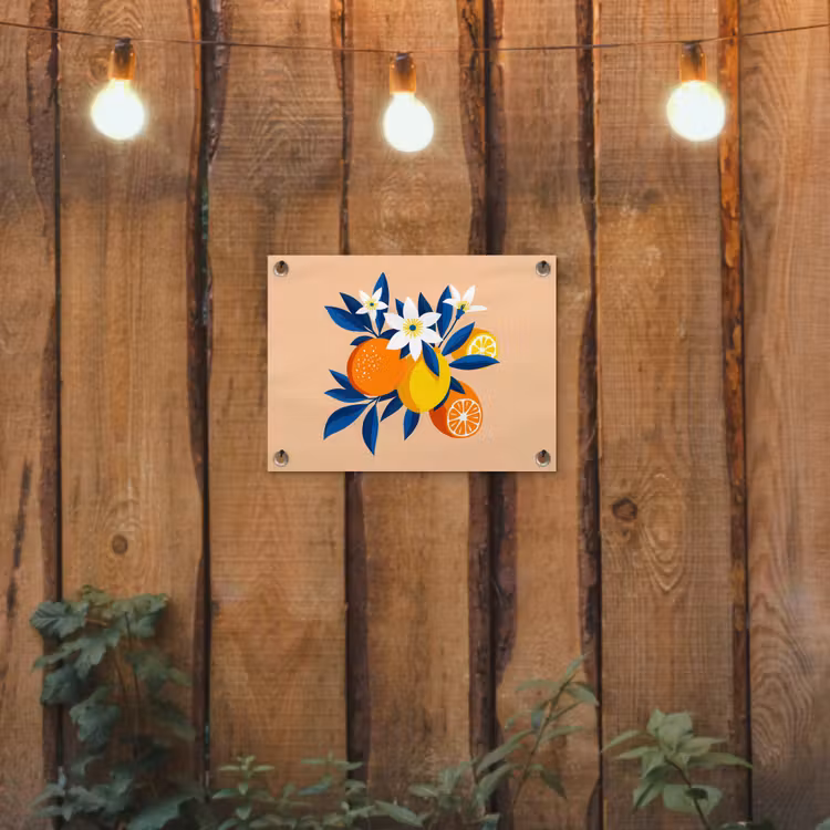 Tuinposter - Illustratie - Sinaasappels - Donkerblauw - Bloemen — 3