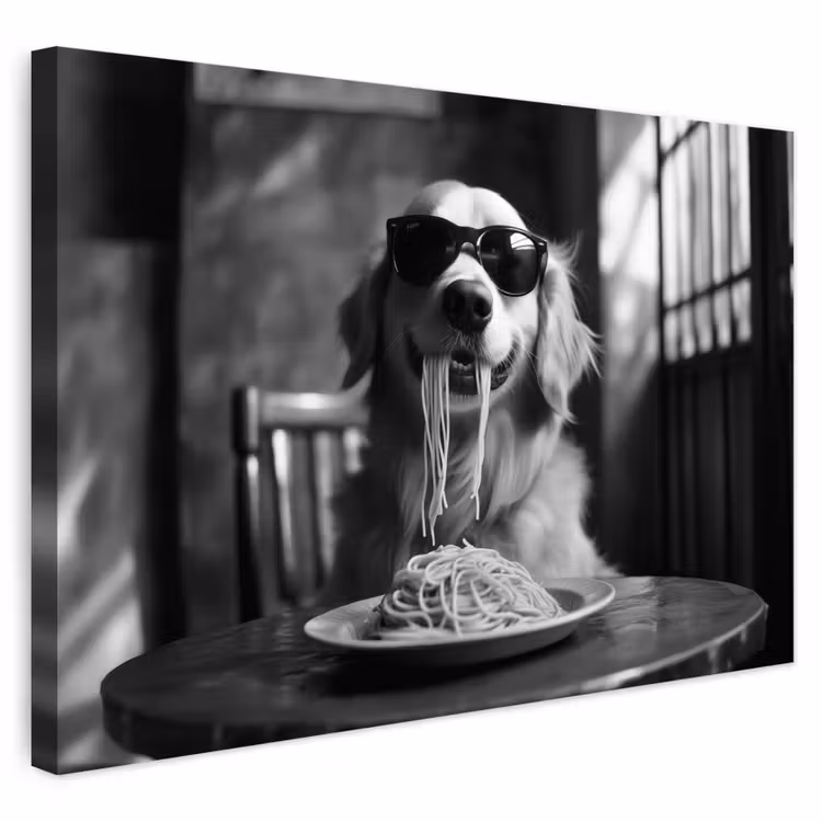 Buiten canvas - Golden Retriever - Hond - Vrolijk - Bord spaghetti - Zwart - wit — 1