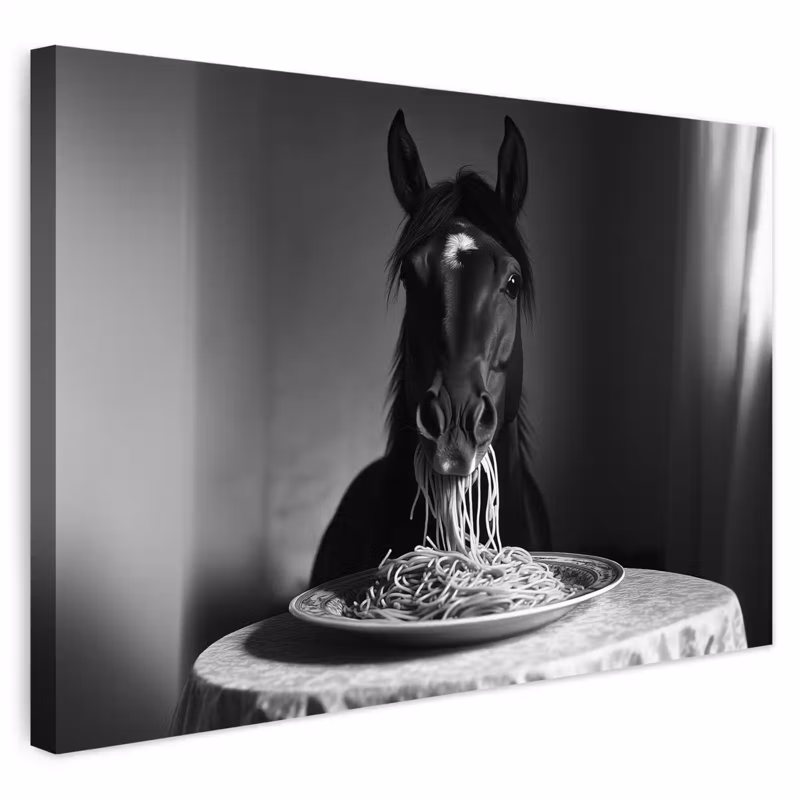 Buiten canvas - Paard - Bord - Pasta - Tafelkleed - Zwart Wit - Dieren — 1