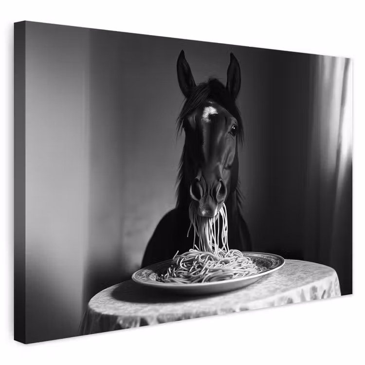 Buiten canvas - Paard - Bord - Pasta - Tafelkleed - Zwart Wit - Dieren — 1