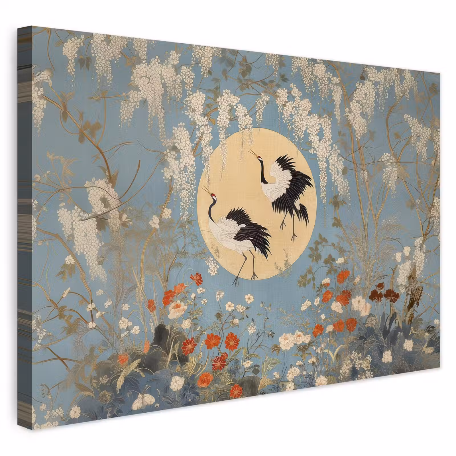 Buiten canvas - Kraanvogels - Maan - Bloemen - Blauw — 1