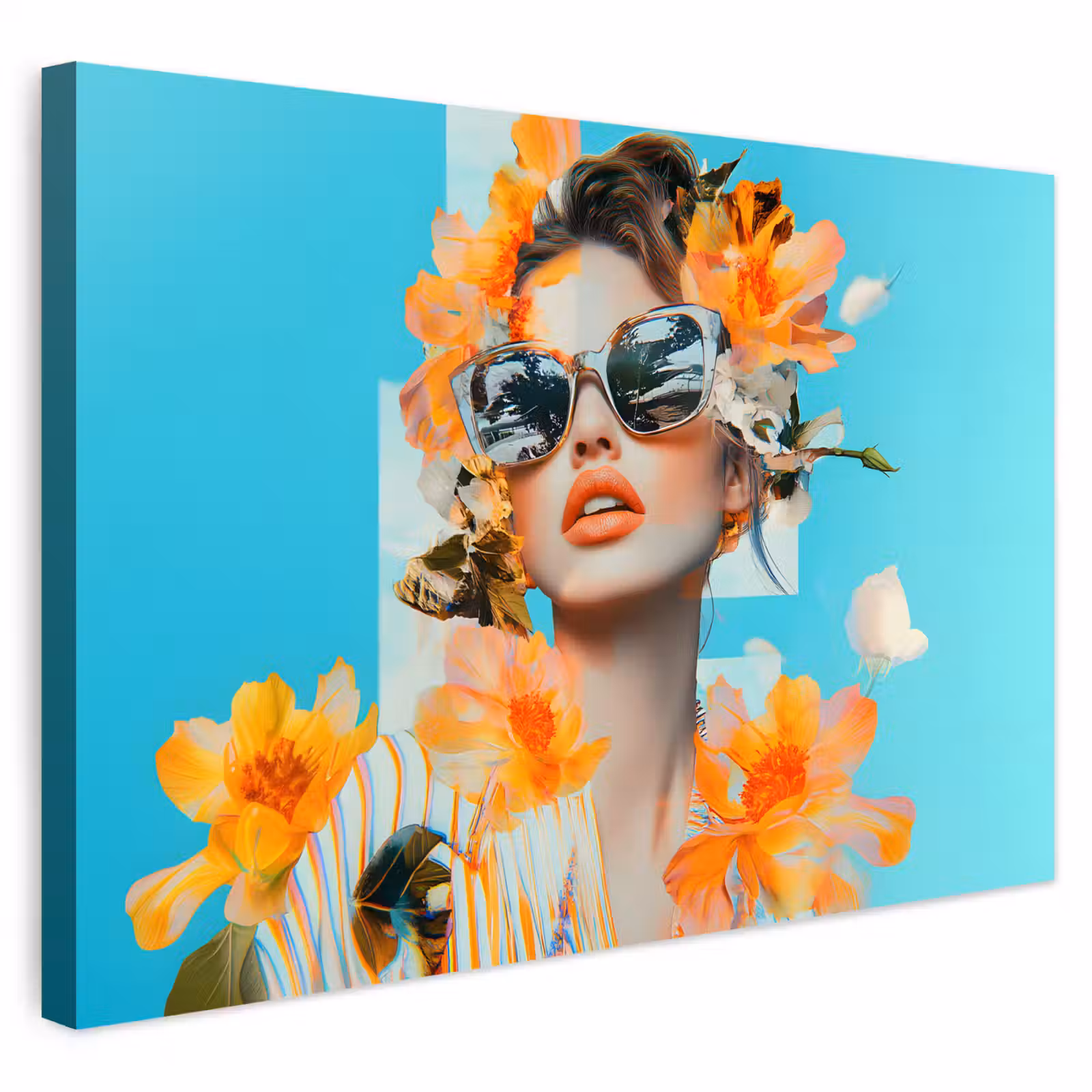 Buiten canvas - Bloemen - Vrouw - Zonnebril - Blauw — 1