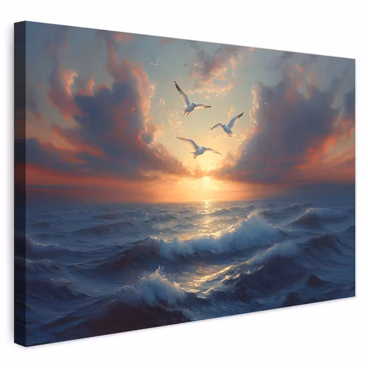 Buiten canvas - Meeuwen - Zonsondergang - Zee - Wolken — 1
