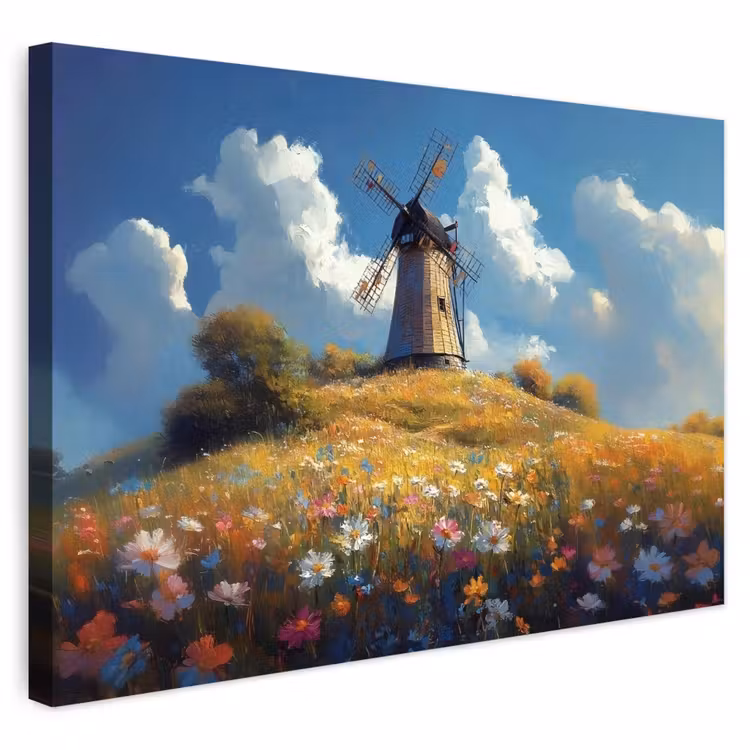 Buiten canvas - Windmolen - Heuvel - Bloemen - Kleurrijk — 1