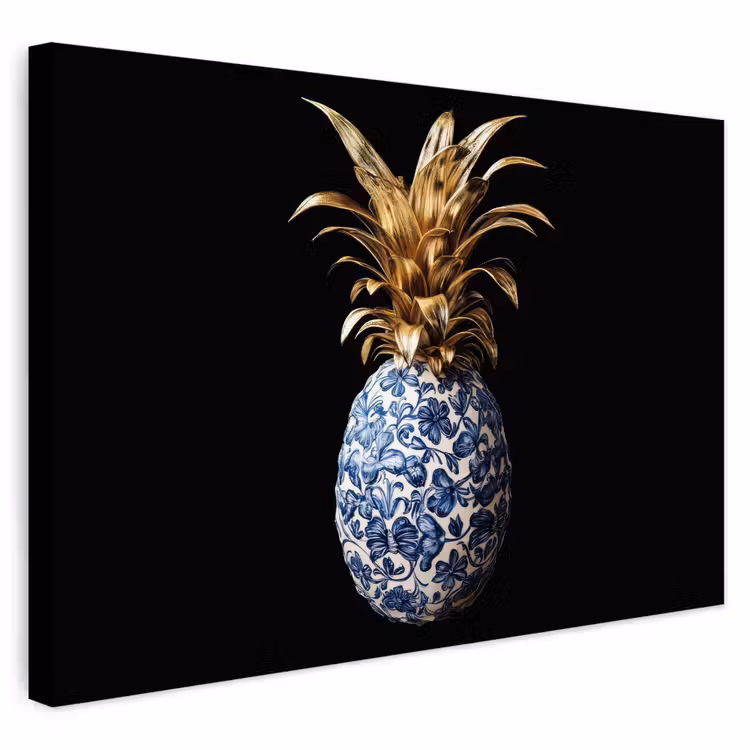 Buiten canvas - Ananas - Bloemen patroon - Goud - Delftsblauw — 1