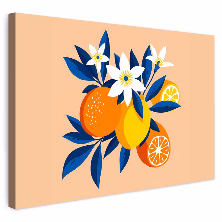 Buiten canvas - Illustratie - Sinaasappels - Donkerblauw - Bloemen — 1
