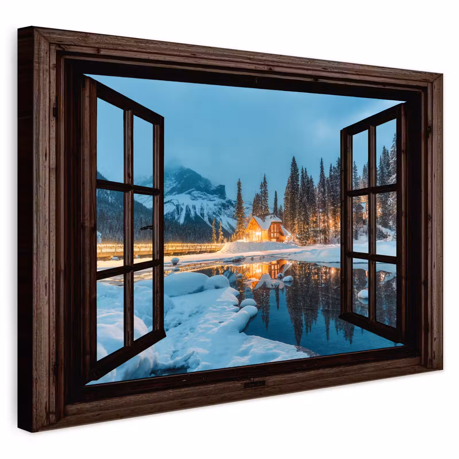 Buiten canvas - Doorkijk - Winter - Landschap - Natuur - Huis - Bergen — 1