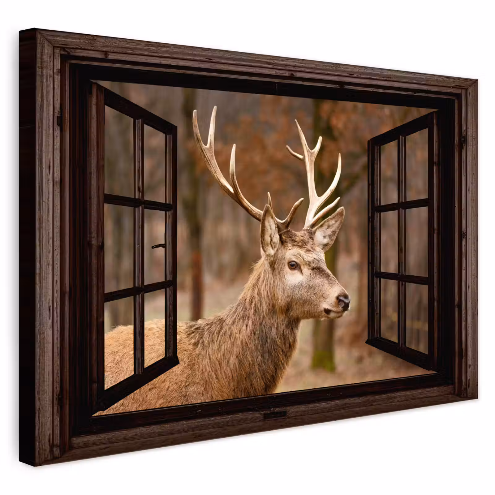 Buiten canvas - Hert - Dier - Bos - Herfst - Hertenkop - Bruin - Doorkijk — 1