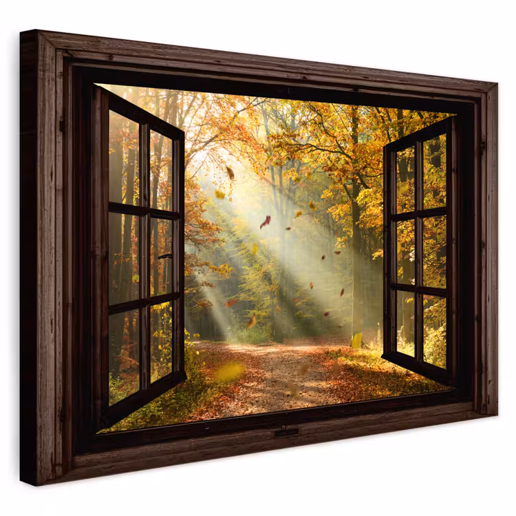Buiten canvas - Bos - Bomen - Herfst - Zon - Herfstbladeren - Natuur - Doorkijk — 1