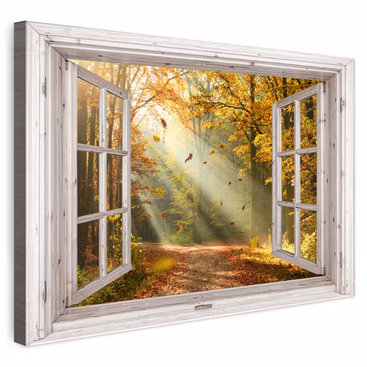 Buiten canvas - Bos - Bomen - Herfst - Zon - Herfstbladeren - Natuur - Doorkijk — 1