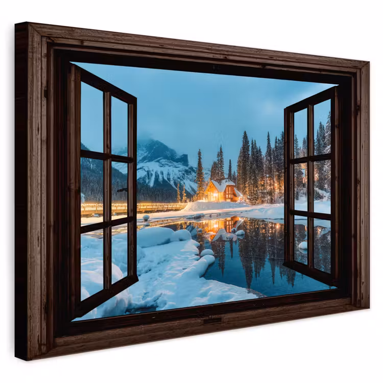 Buiten canvas - Doorkijk - Winter - Landschap - Natuur - Huis - Bergen — 1