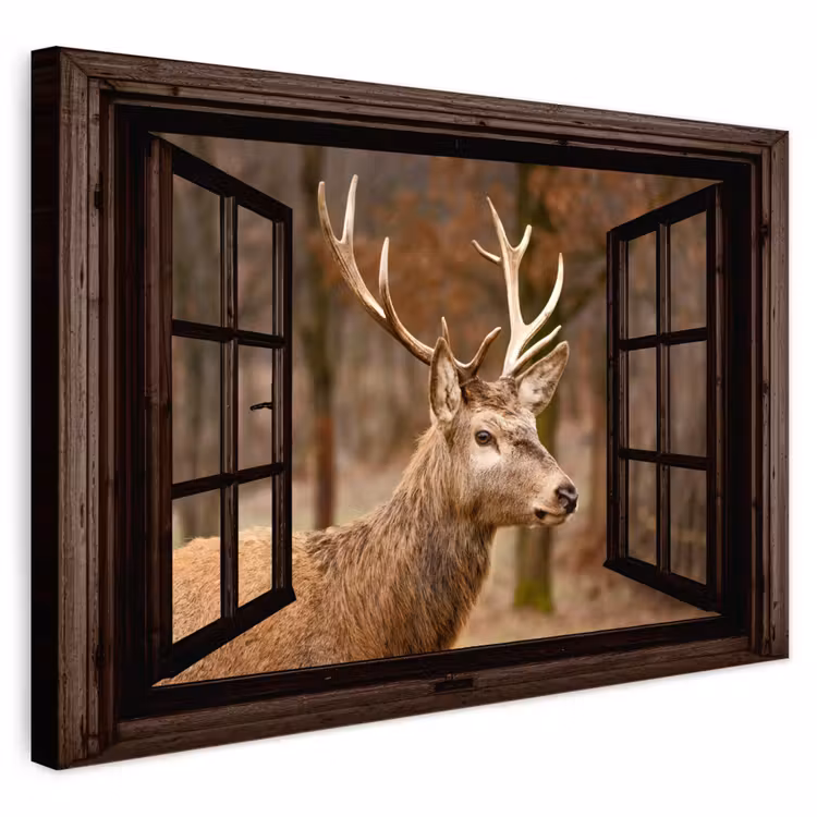 Buiten canvas - Hert - Dier - Bos - Herfst - Hertenkop - Bruin - Doorkijk — 1