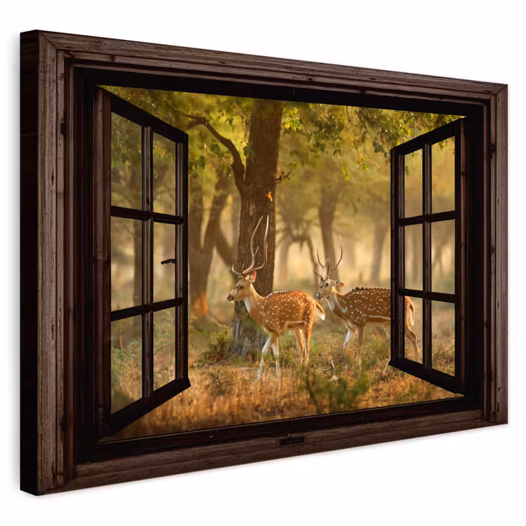Buiten canvas - Herten - Bos - Herfst - Bosdieren - Natuur - Hert - Doorkijk — 1