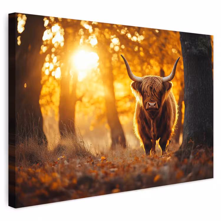 Buiten canvas - Schotse hooglander - Bos - Herfst - Dieren - Natuur - Bladeren — 1