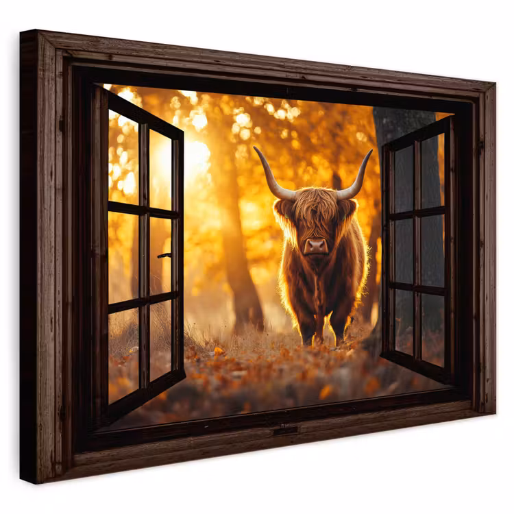 Buiten canvas - Schotse hooglander - Bos - Herfst - Dieren - Natuur - Bladeren - Doorkijk — 1