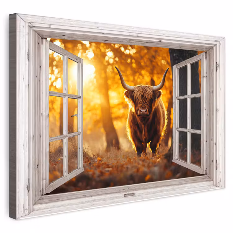 Buiten canvas - Schotse hooglander - Bos - Herfst - Dieren - Natuur - Bladeren - Doorkijk — 1