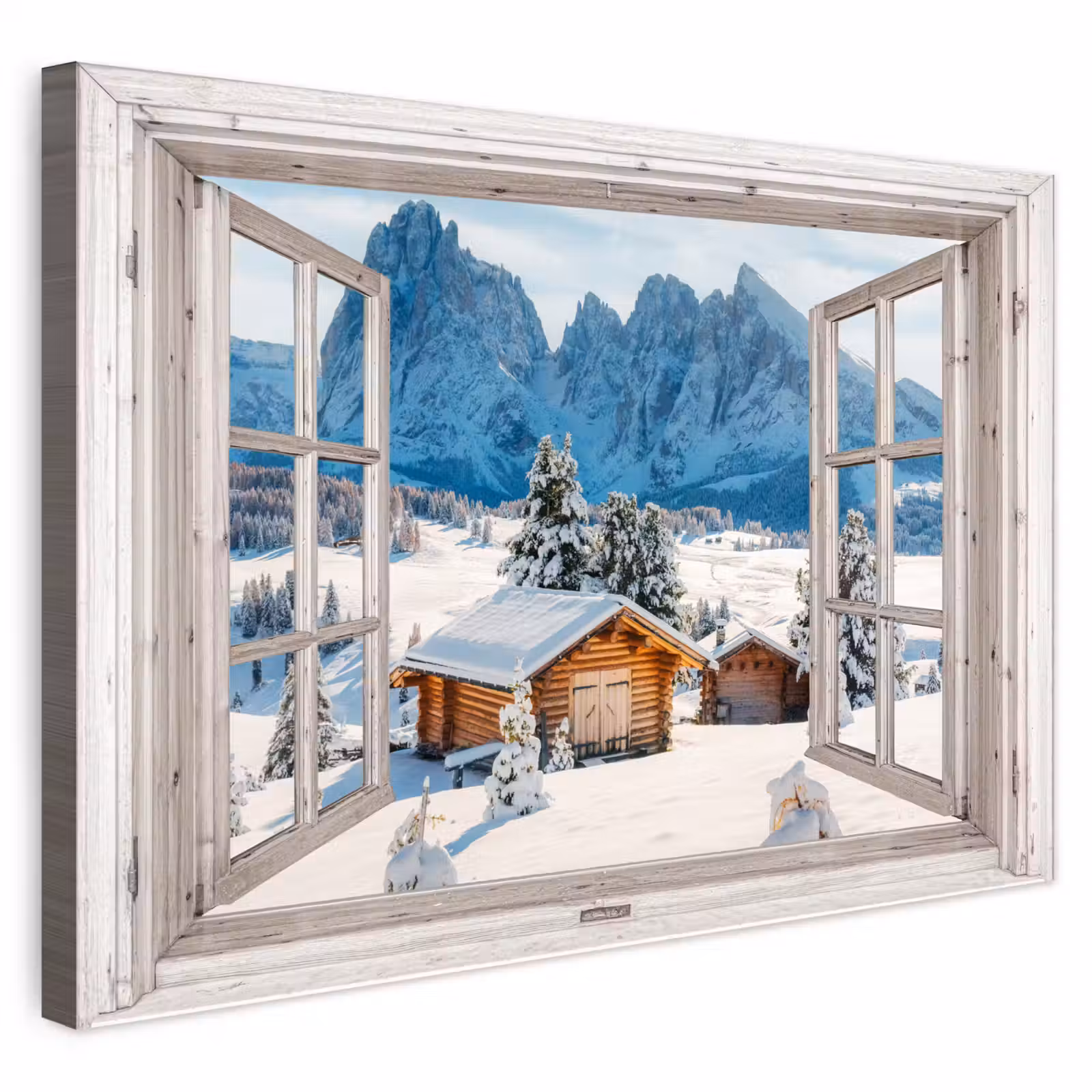 Buiten canvas - Winterlandschap - Huisje - Bergen - Uitzicht - Doorkijk - Natuur — 1