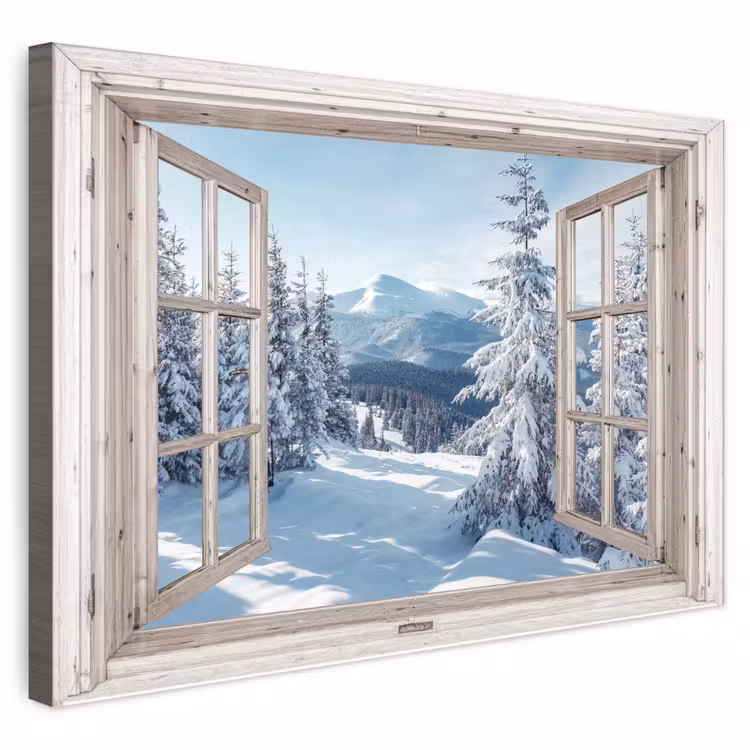 Buiten canvas - Doorkijk - Winter - Landschap - Natuur - Berg - Bomen - Wit — 1