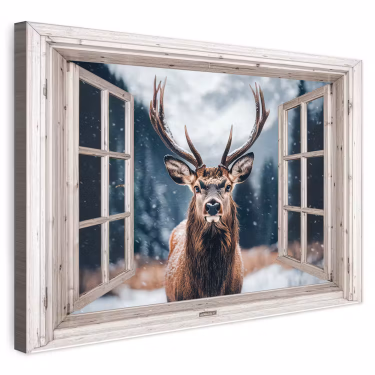 Buiten canvas - Hert - Dieren - Landschap - Winter - Sneeuw - Doorkijk - Natuur — 1