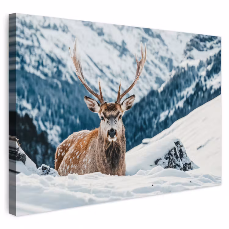 Buiten canvas - Hert - Landschap - Winter - Natuur - Dieren - Bergen — 1