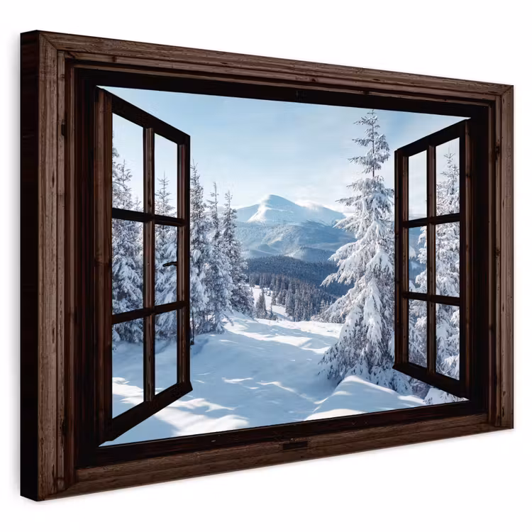 Buiten canvas - Winter - Landschap - Natuur - Berg - Bomen - Doorkijk - Uitzicht — 1