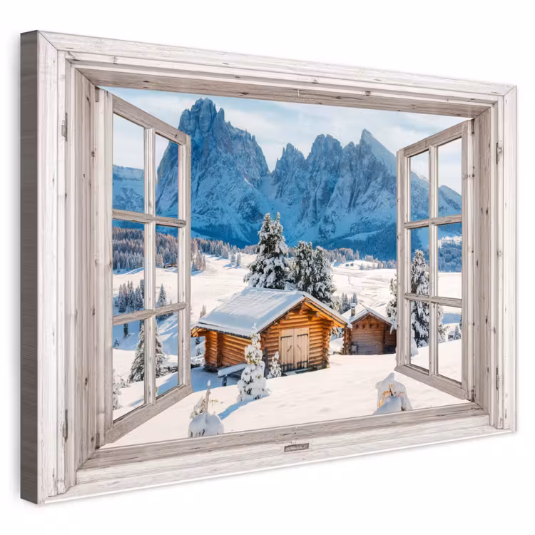 Buiten canvas - Winterlandschap - Huisje - Bergen - Uitzicht - Doorkijk - Natuur — 1