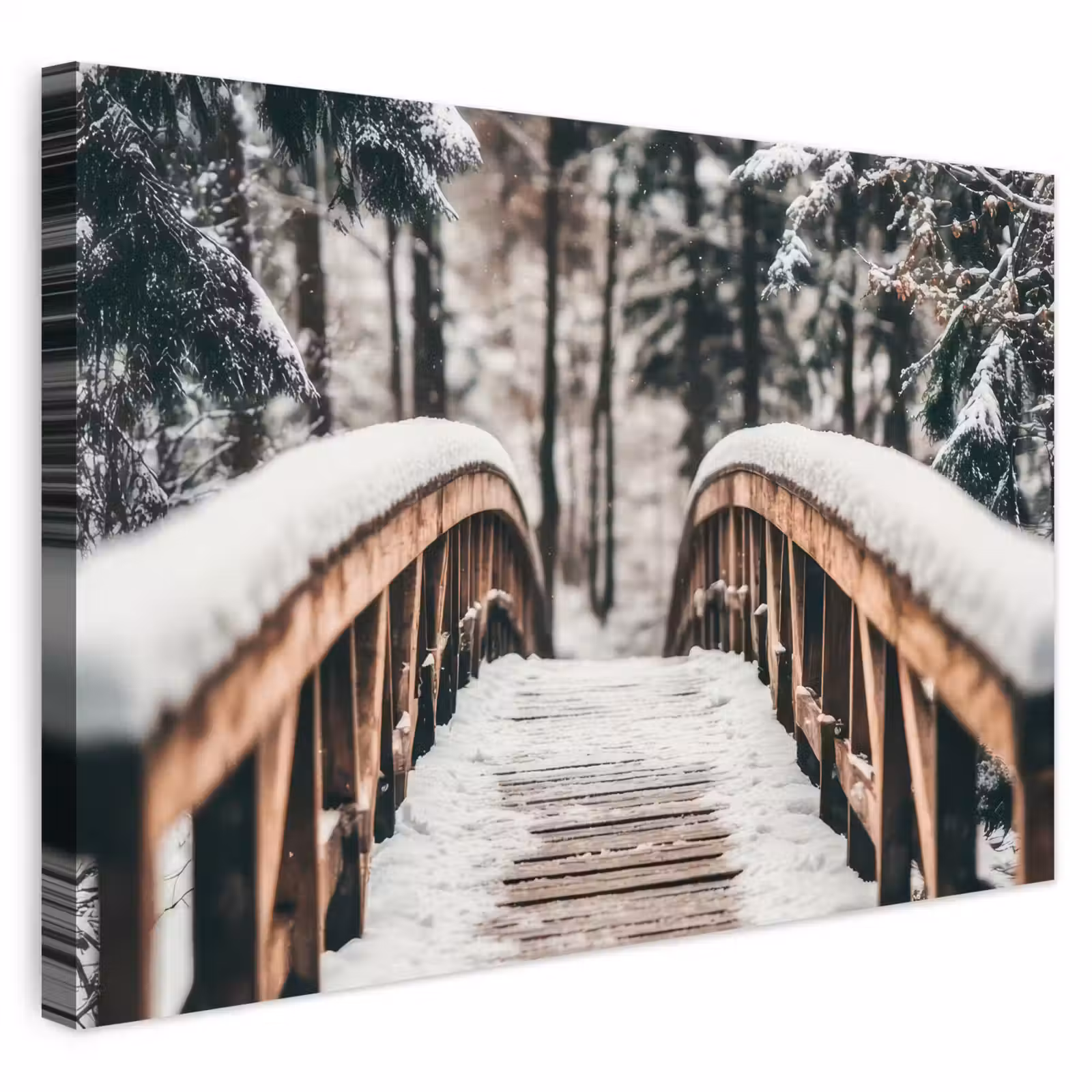 Buiten canvas - Brug - Winterlandschap - Bos - Natuur - Sneeuw — 1