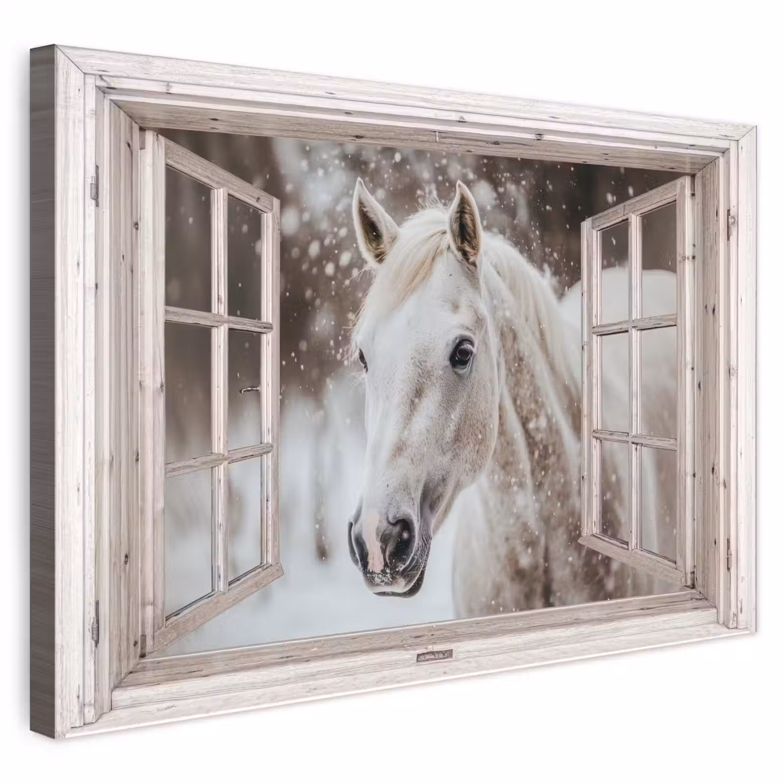Buiten canvas - Paard - Wit - Winter - Sneeuw - Doorkijk - Dieren — 1