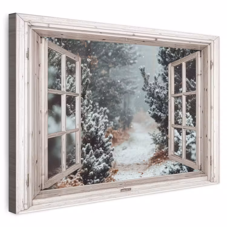 Buiten canvas - Bos - Winter - Bomen - Natuur - Pad - Doorkijk - Wit — 1