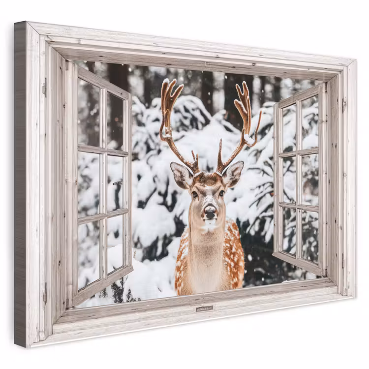 Buiten canvas - Doorkijk - Hert - Sneeuw - Winter - Bos - Dieren - Natuur — 1