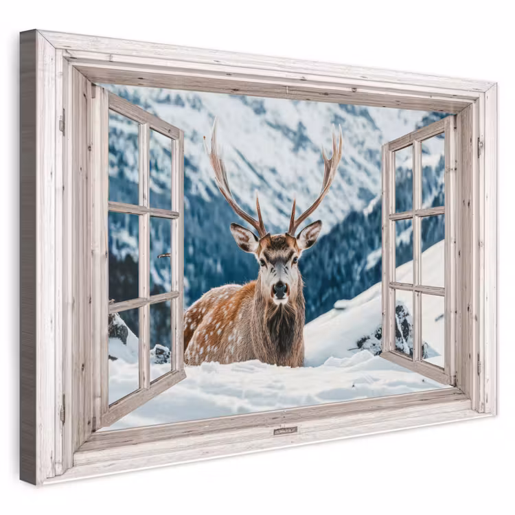 Buiten canvas - Hert - Winterlandschap - Natuur - Dieren - Doorkijk - Bergen — 1