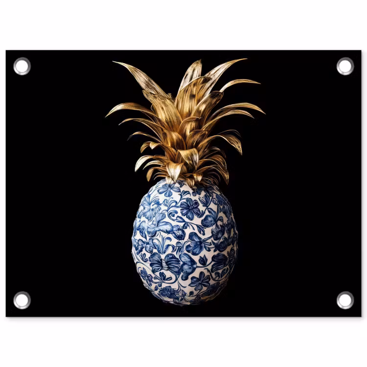 Tuinposter - Ananas - Bloemen patroon - Goud - Delftsblauw — 1